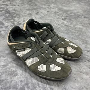 Diesel Moslette Y2K Beige Green Print Trainers Womens US 9 EU 40 Gum Sole Taupe